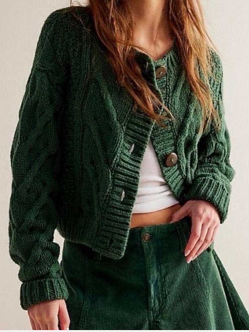 Free People Bonfire Cable Knit Cardigan Green XS